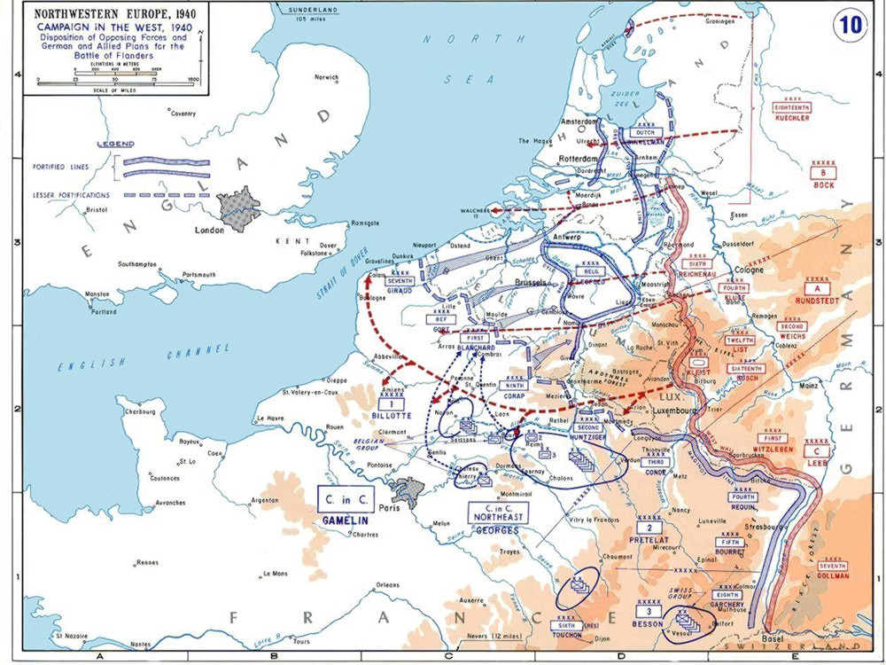 <p style="text-align: center;"><strong>Carte du front occidental. 1940.&nbsp;</strong><br />Source / Cr&eacute;dit : <a href="https://commons.wikimedia.org/wiki/File:1940-Fall_Gelb.jpg" target="_blank" rel="noopener">Department of History, United States Military Academy - Wikipedia CC</a></p>
