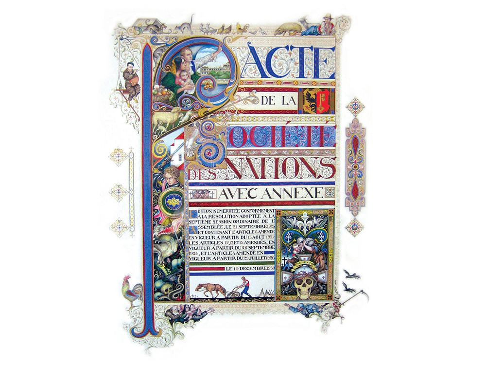 <p style="text-align: center;"><strong>Illustration by Arthur Szyk showing the articles contained in the charter of the League of Nations, 1931.</strong><br />Source / Cr&eacute;dit :&nbsp;<a href="https://commons.wikimedia.org/wiki/File:Arthur_Szyk_(1894-1951)._Pacte_de_la_Soci%C3%A9t%C3%A9_des_Nations_(Covenant_of_the_League_of_Nations)_(1931),_Paris.jpg" target="_blank" rel="noopener">The Arthur Szyk Society - Wikip&eacute;dia CC</a></p>